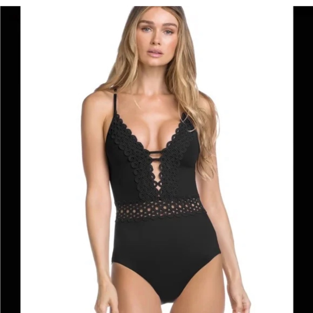 Becca Siren Plunge Neck One-Piece Swimsuit Crochet Open Back Black
Color Play